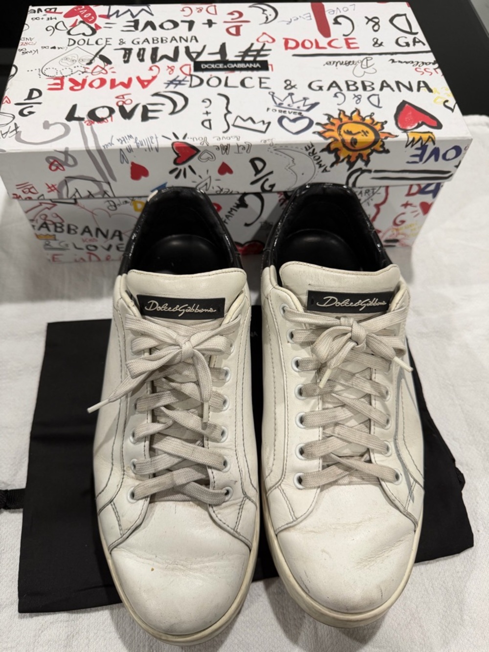 Dolce & Gabbana White Leather Low-Top Sneakers with Black Heel